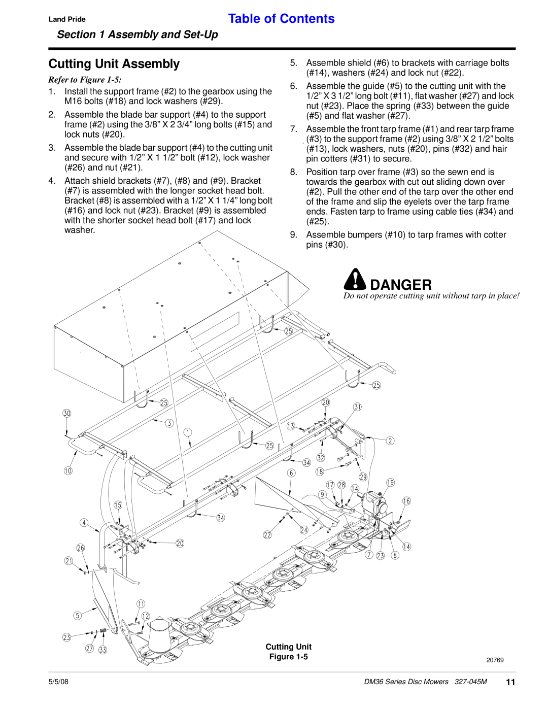 Land Pride DM36 Series manual Danger, Cutting Unit Assembly, Table of Contents, Assembly and Set-Up, Refer to Figure 