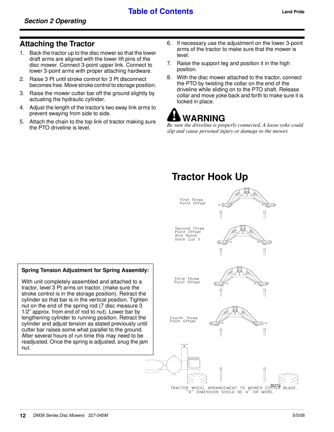 Land Pride DM36 Series manual Tractor Hook Up, Attaching the Tractor, Operating, Table of Contents 