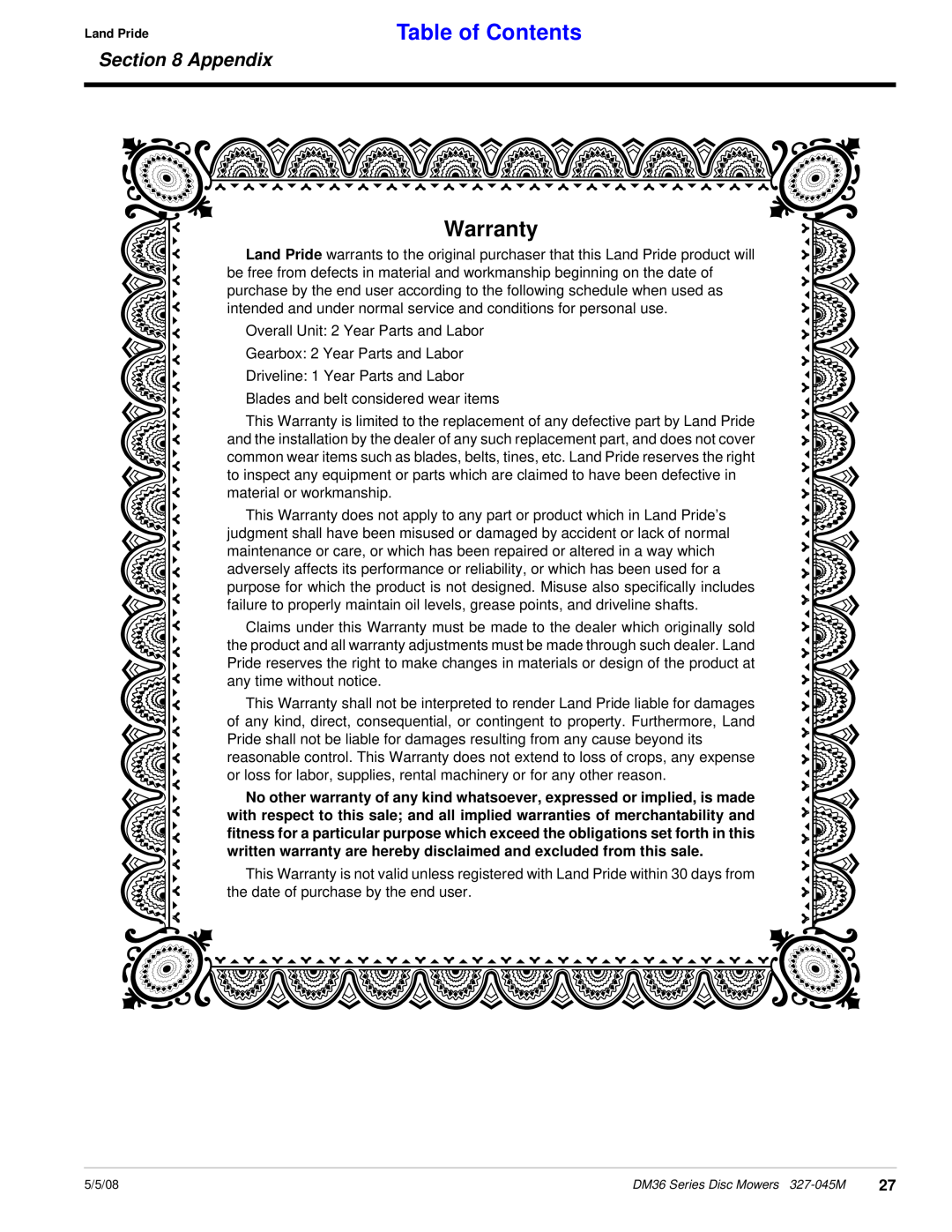 Land Pride DM36 Series manual Warranty, Table of Contents, Appendix 