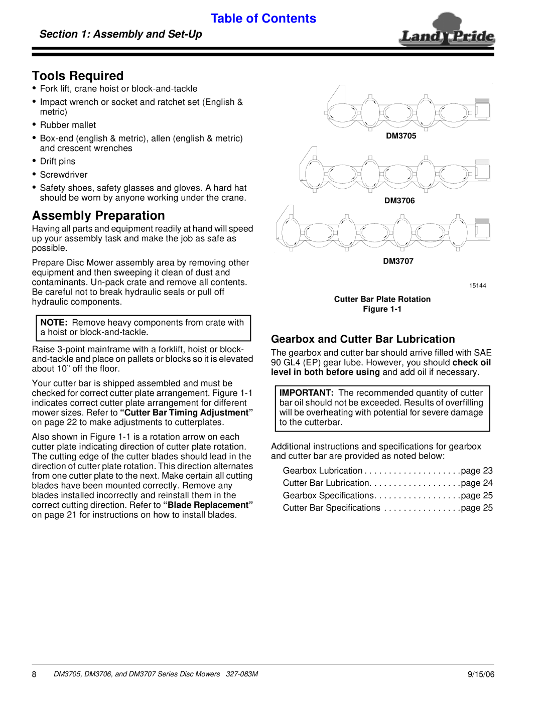 Land Pride DM3706 Series Tools Required, Assembly Preparation, Assembly and Set-Up, Gearbox and Cutter Bar Lubrication 