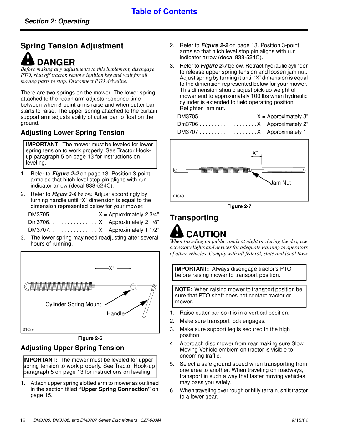 Land Pride DM3705 Series, DM3706 Series manual Spring Tension Adjustment, Transporting, Adjusting Lower Spring Tension 