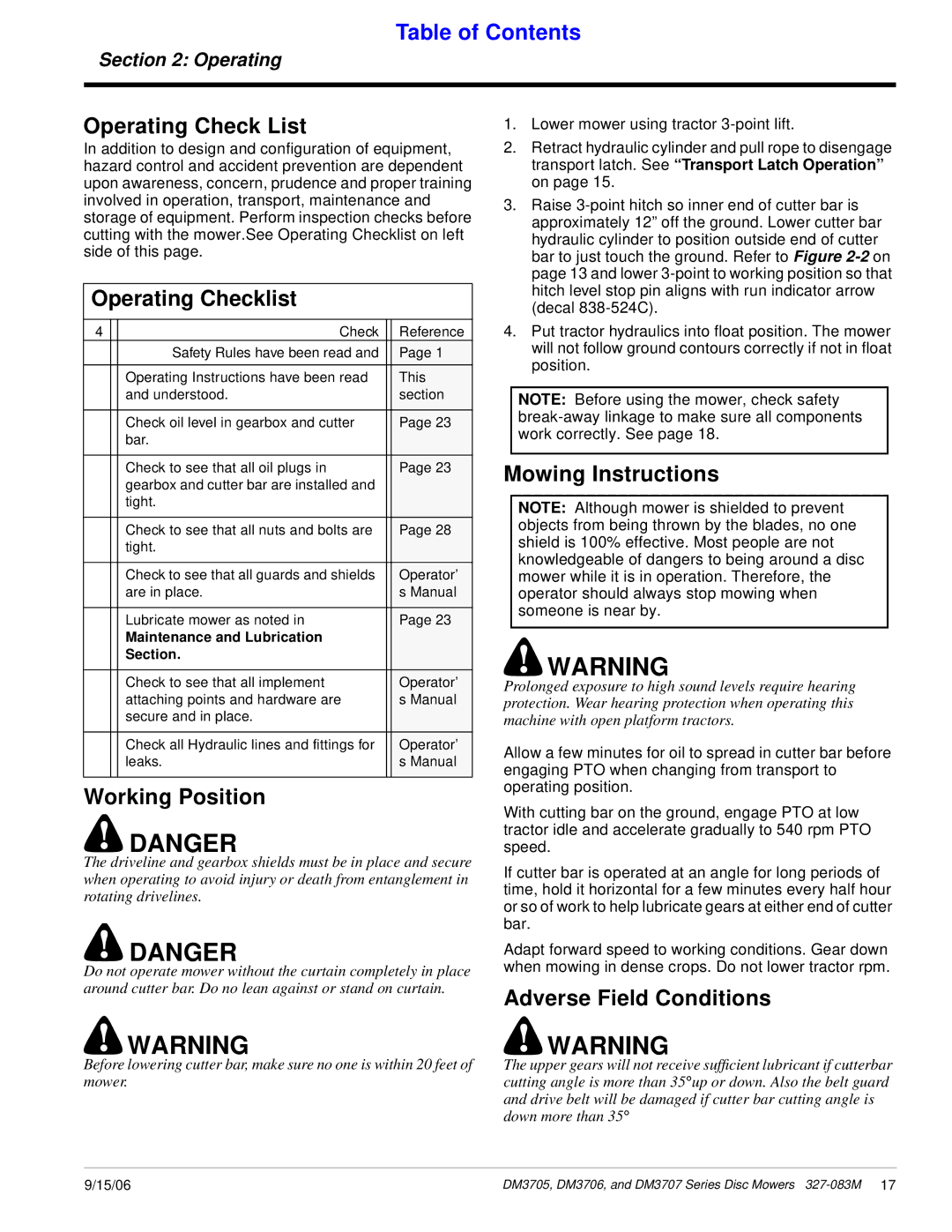 Land Pride DM3706 Series, DM3705 Series Operating Check List, Operating Checklist, Working Position, Mowing Instructions 