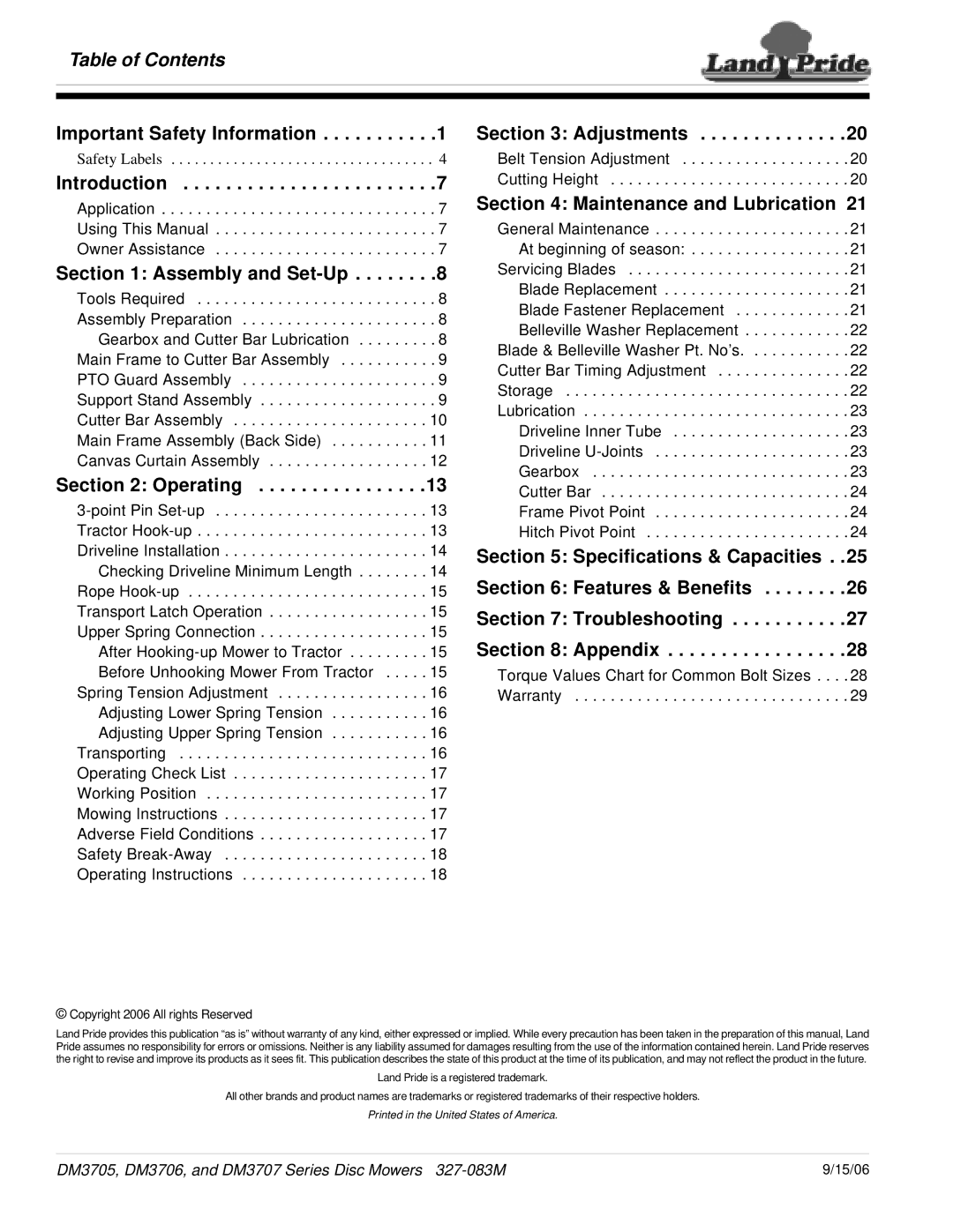 Land Pride DM3707 Series, DM3705 Series, DM3706 Series manual Table of Contents 