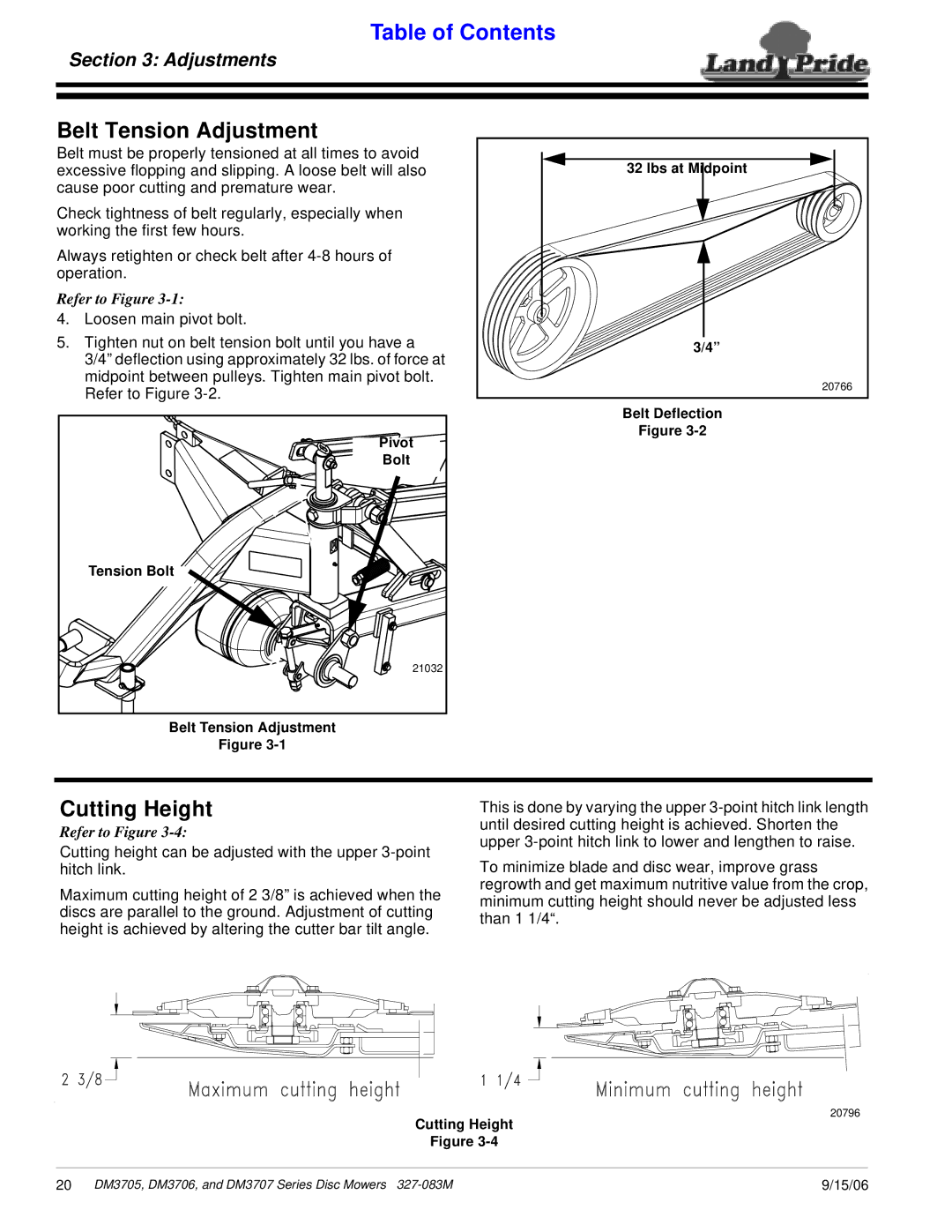 Land Pride DM3706 Series, DM3705 Series, DM3707 Series manual Belt Tension Adjustment, Cutting Height, Adjustments 