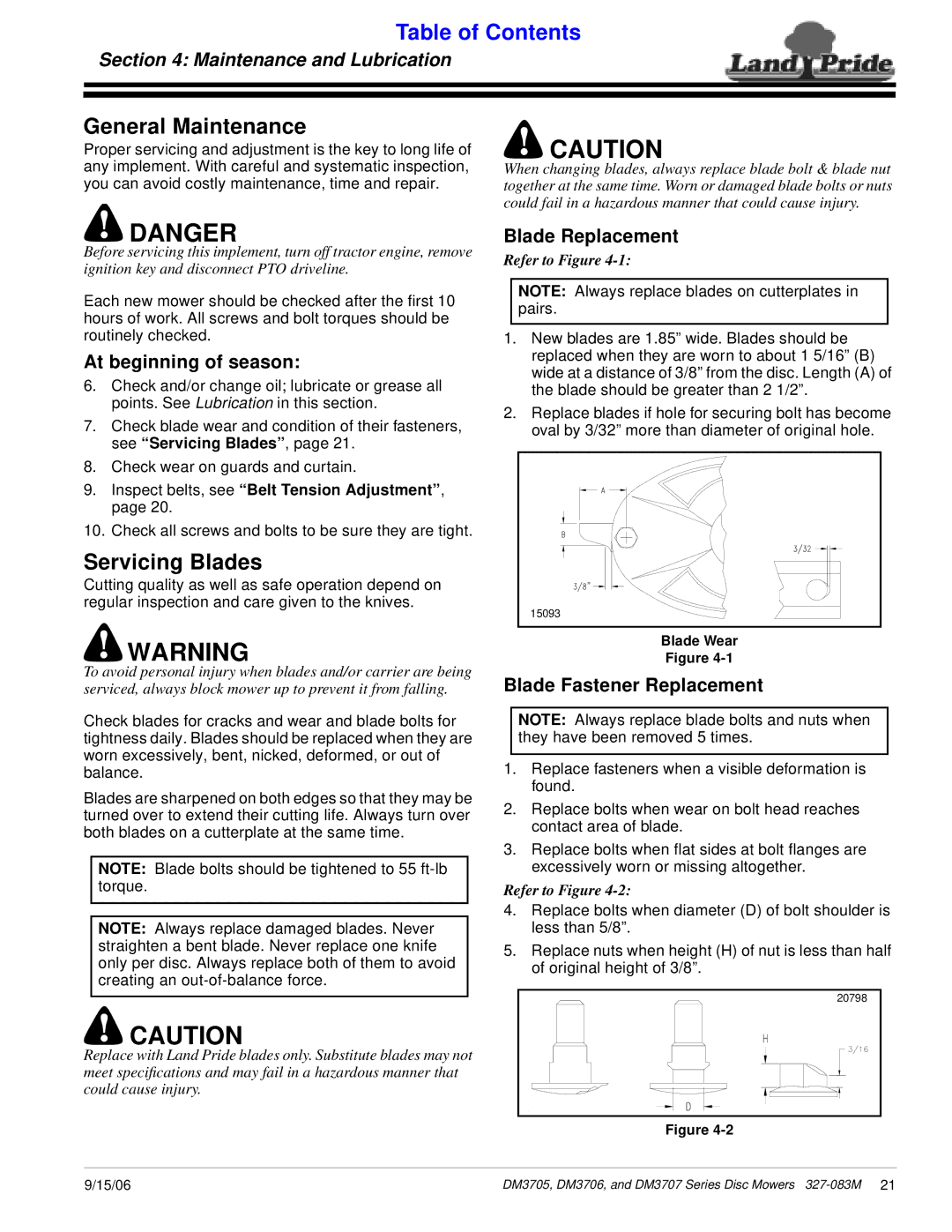 Land Pride DM3707 Series, DM3705 Series, DM3706 Series General Maintenance, Servicing Blades, Maintenance and Lubrication 