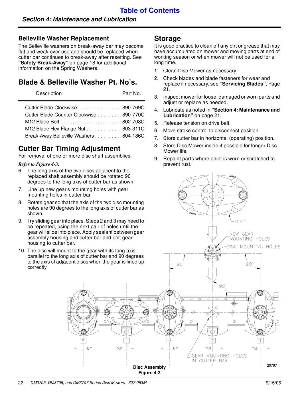 Land Pride DM3705 Series, DM3706 Series manual Blade & Belleville Washer Pt. No’s, Cutter Bar Timing Adjustment, Storage 