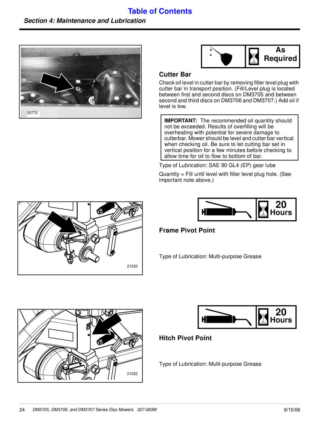 Land Pride DM3707 Series, DM3705 Series, DM3706 Series manual Cutter Bar, Frame Pivot Point, Hitch Pivot Point 