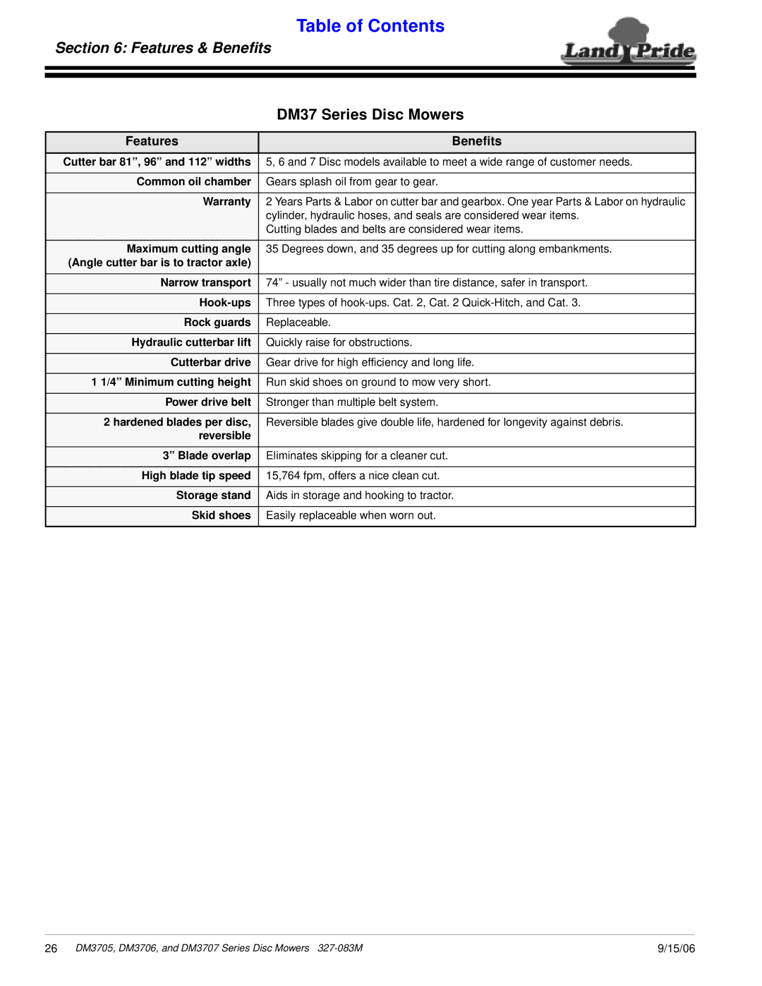 Land Pride DM3706 Series, DM3705 Series, DM3707 Series manual Features & Beneﬁts, DM37 Series Disc Mowers, Features Benefits 