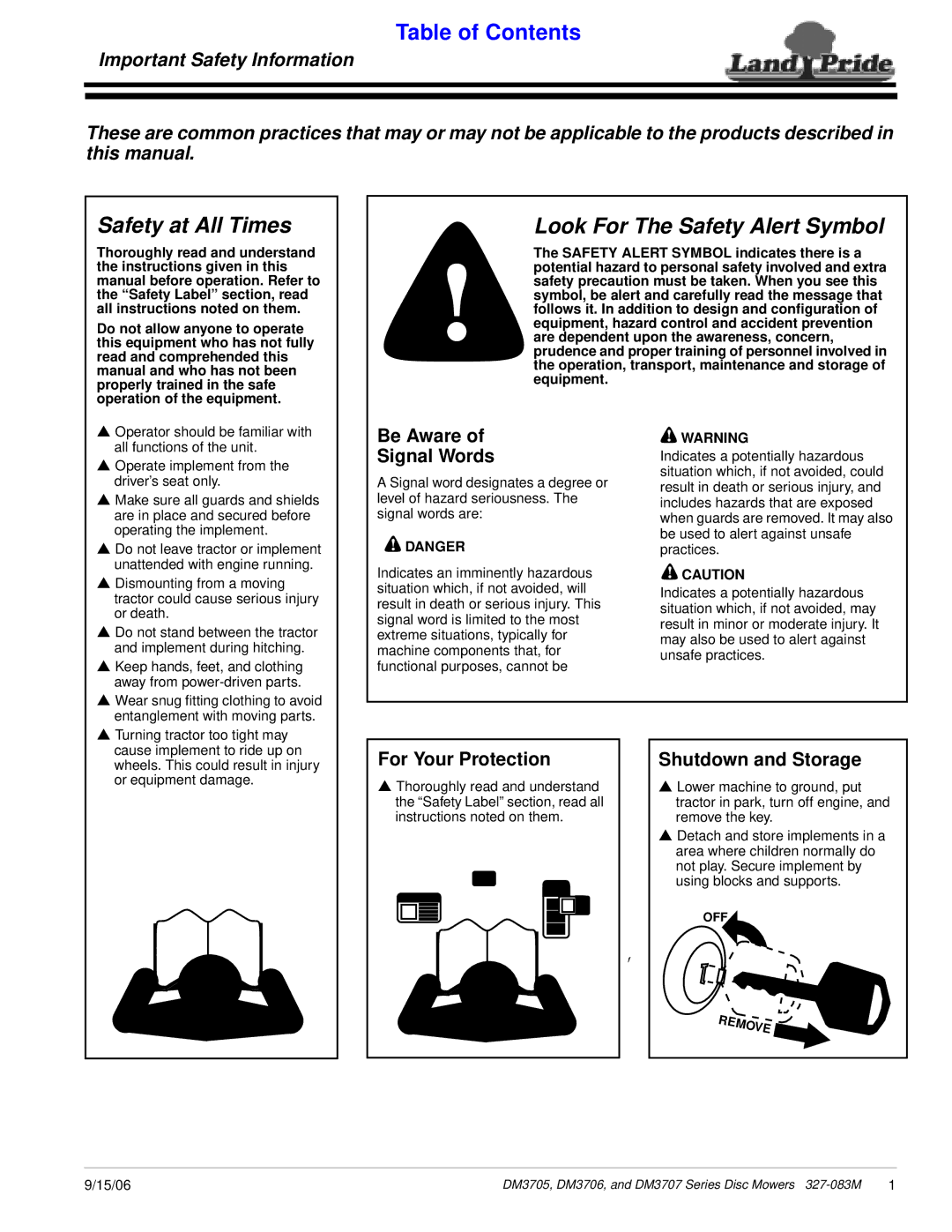 Land Pride DM3705 Series, DM3706 Series, DM3707 Series Be Aware Signal Words, For Your Protection, Shutdown and Storage 