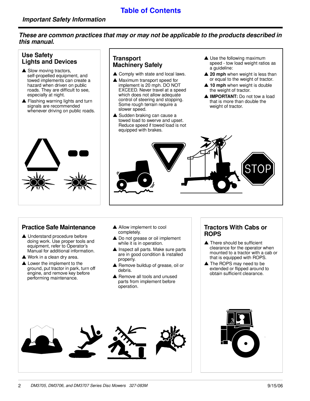 Land Pride DM3706 Series manual Use Safety Lights and Devices, Transport Machinery Safely, Practice Safe Maintenance 