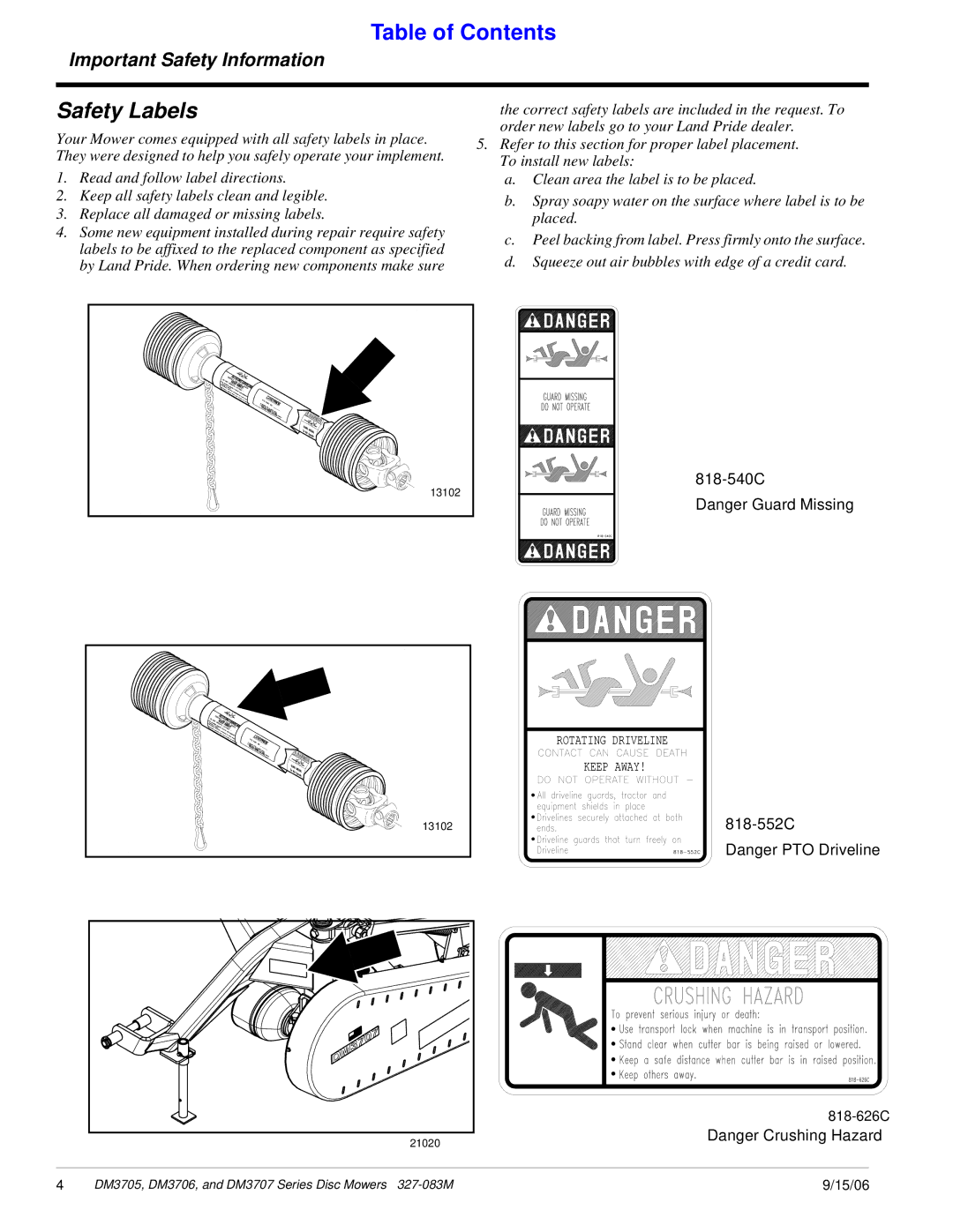 Land Pride DM3705 Series, DM3706 Series, DM3707 Series manual Safety Labels, Important Safety Information 