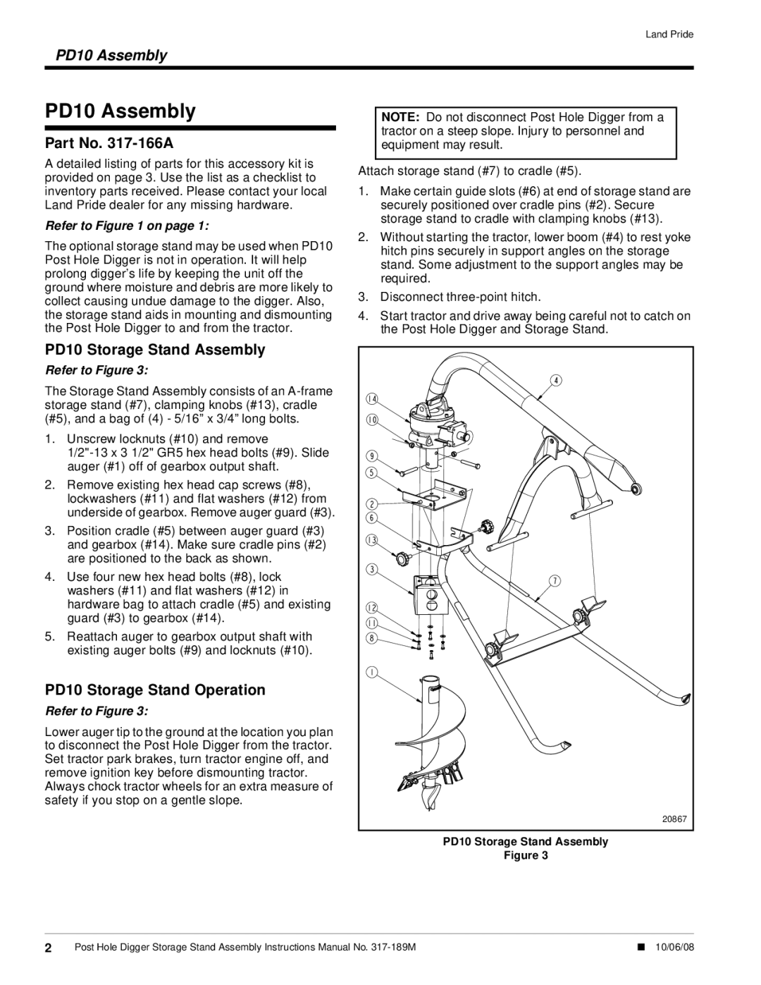 Land Pride DP25 PD10 Assembly, Part No -166A, PD10 Storage Stand Assembly, PD10 Storage Stand Operation 