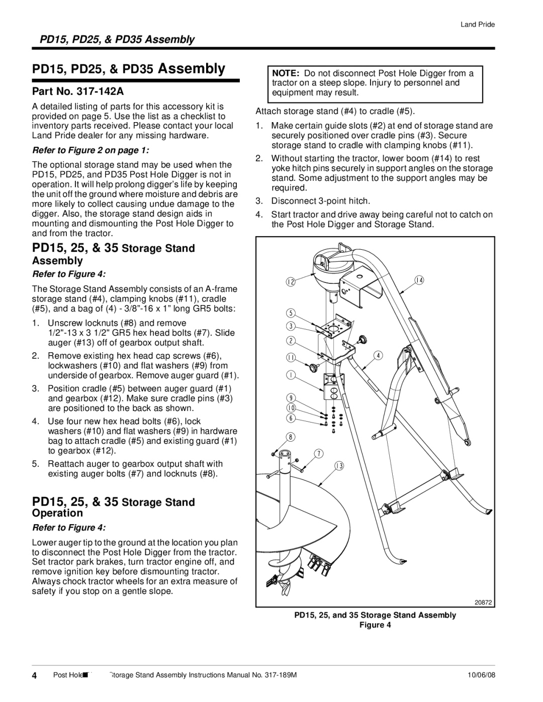 Land Pride DP25 installation instructions PD15, PD25, & PD35 Assembly, Part No -142A, PD15, 25, & 35 Storage Stand Assembly 