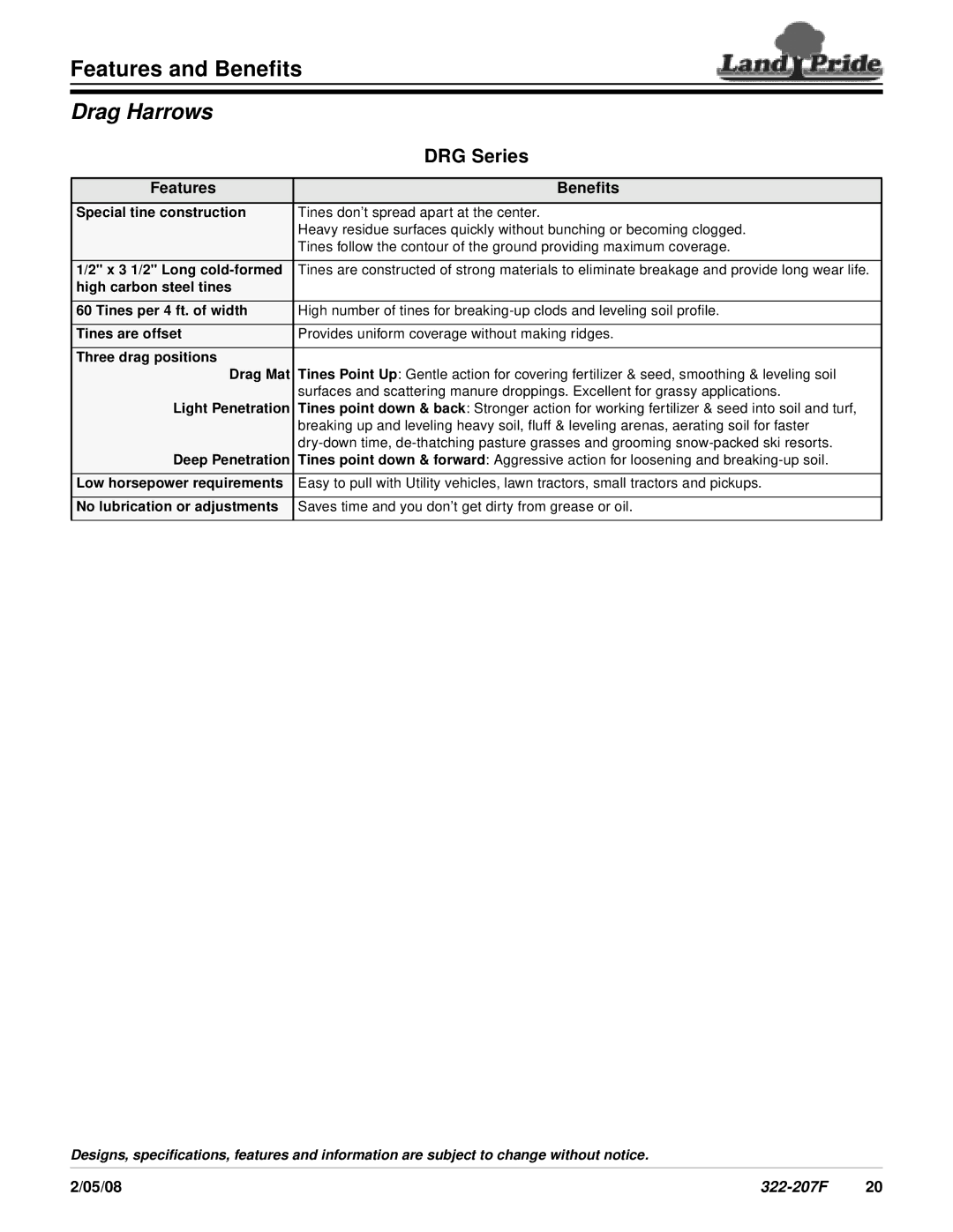 Land Pride DRG Series specifications Drag Harrows, Features Benefits, 05/08 