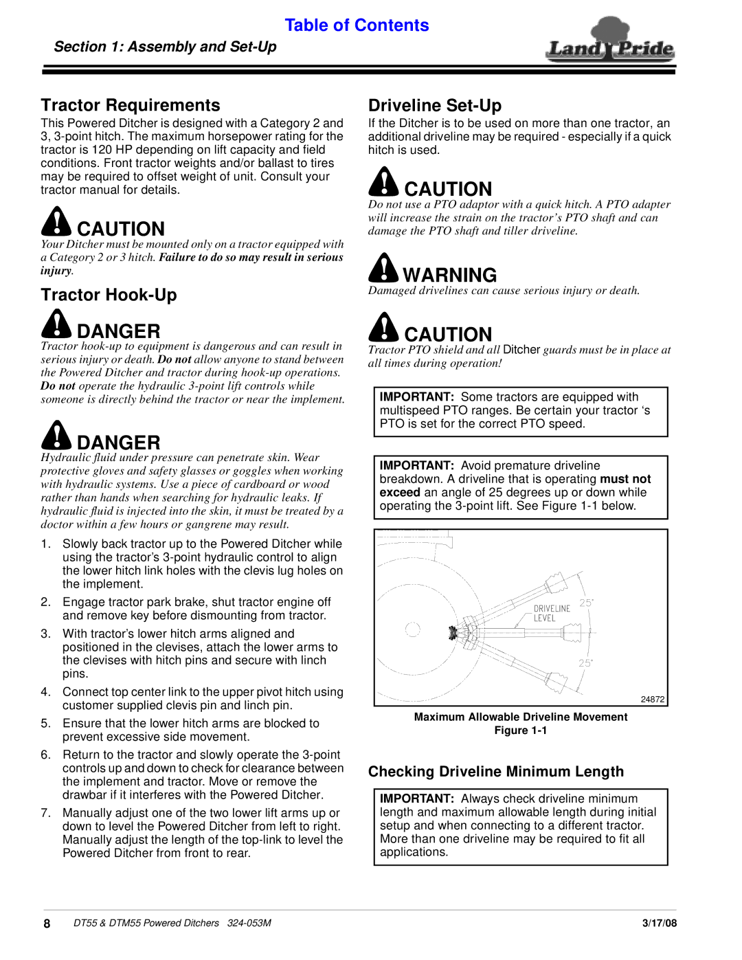 Land Pride DT55, DTM55, Powered Ditchers manual Tractor Requirements, Driveline Set-Up, Tractor Hook-Up, Assembly and Set-Up 