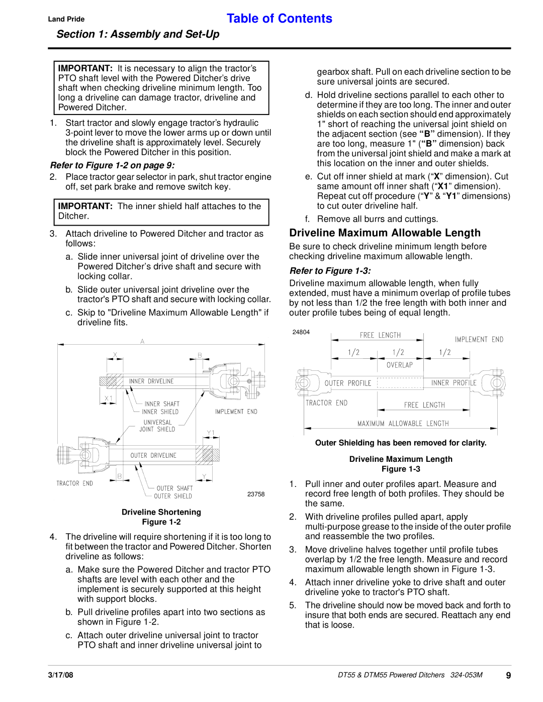 Land Pride Powered Ditchers, DTM55, DT55 manual Table of Contents 