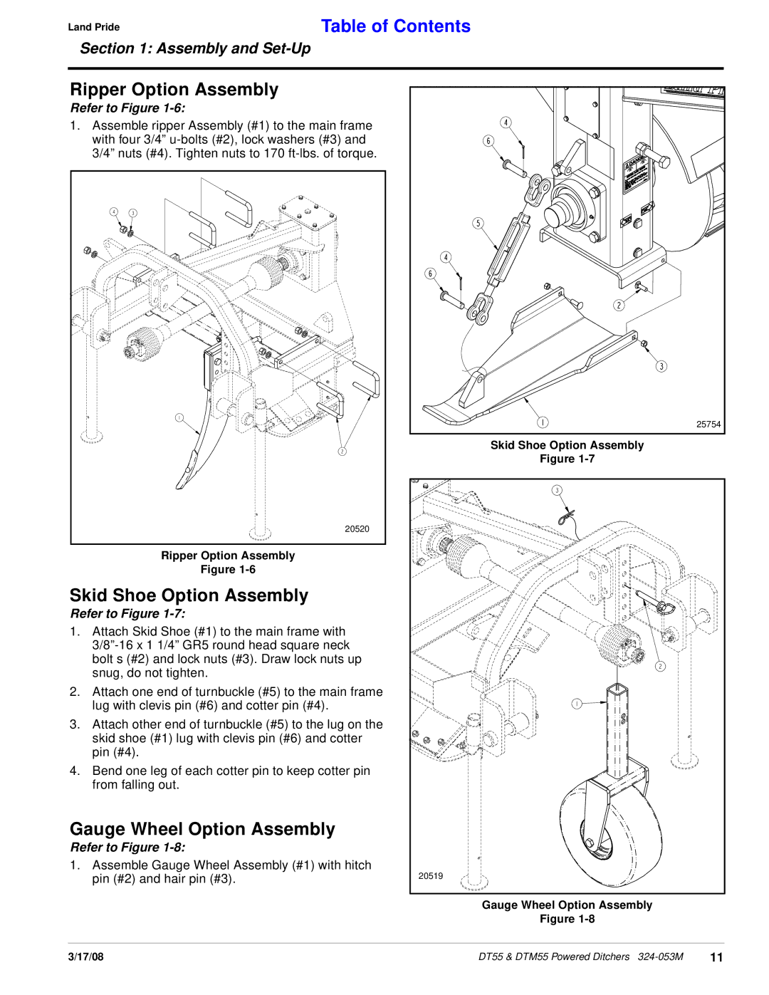 Land Pride DT55, DTM55, Powered Ditchers Ripper Option Assembly, Skid Shoe Option Assembly, Gauge Wheel Option Assembly 