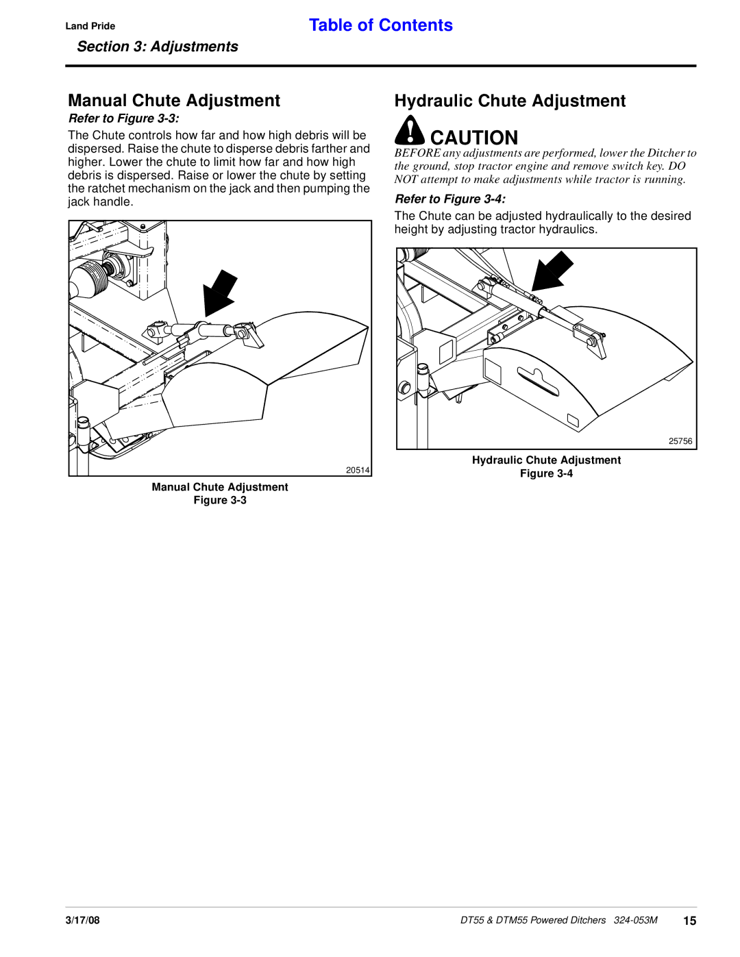 Land Pride Powered Ditchers, DTM55, DT55 manual Manual Chute Adjustment, Hydraulic Chute Adjustment 