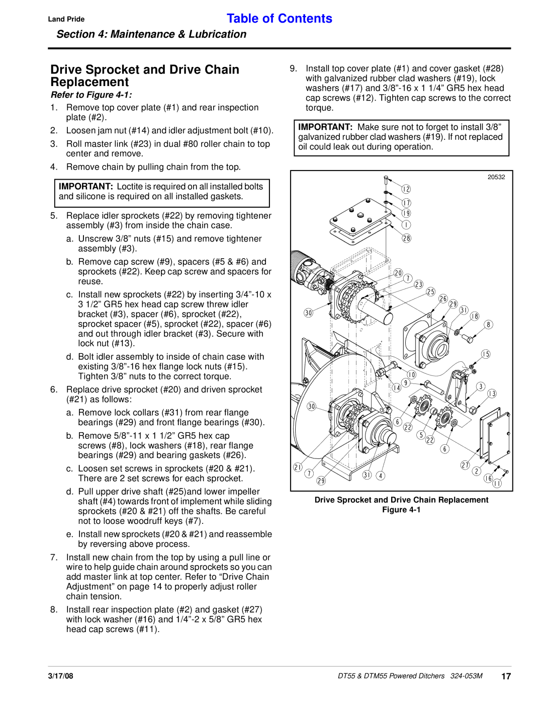 Land Pride DT55, DTM55, Powered Ditchers manual Drive Sprocket and Drive Chain Replacement 