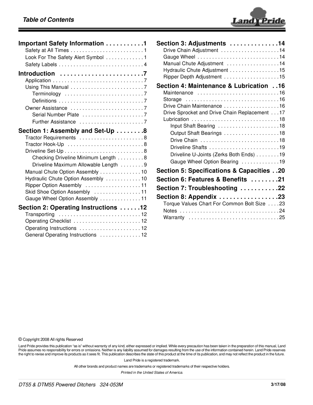 Land Pride Powered Ditchers, DTM55, DT55 manual Table of Contents 