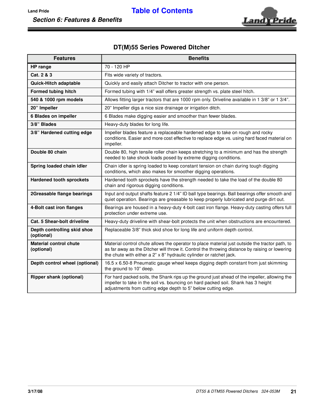 Land Pride Powered Ditchers, DTM55, DT55 manual Features & Beneﬁts, Features Benefits 