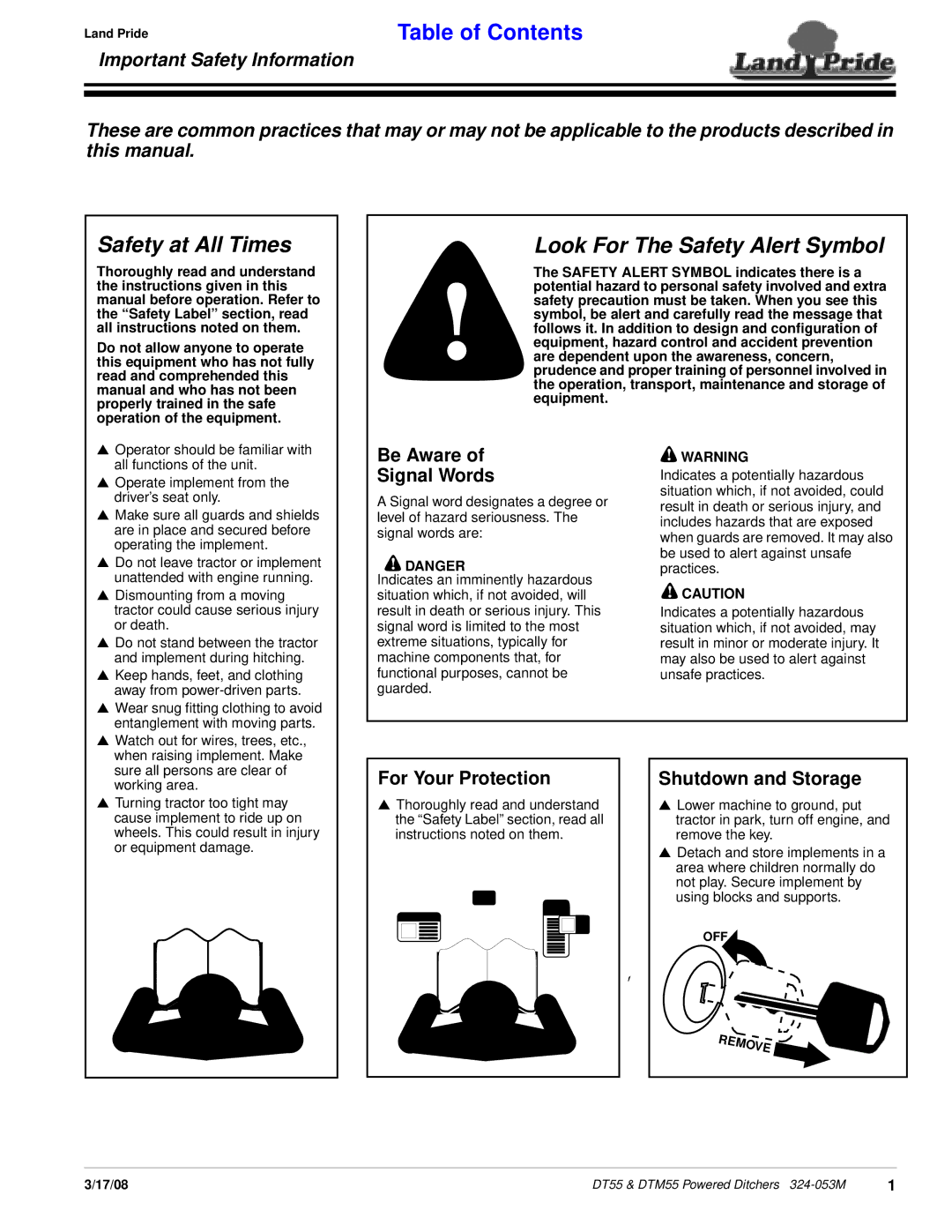 Land Pride DTM55, DT55 manual Important Safety Information, Be Aware Signal Words, For Your Protection, Shutdown and Storage 