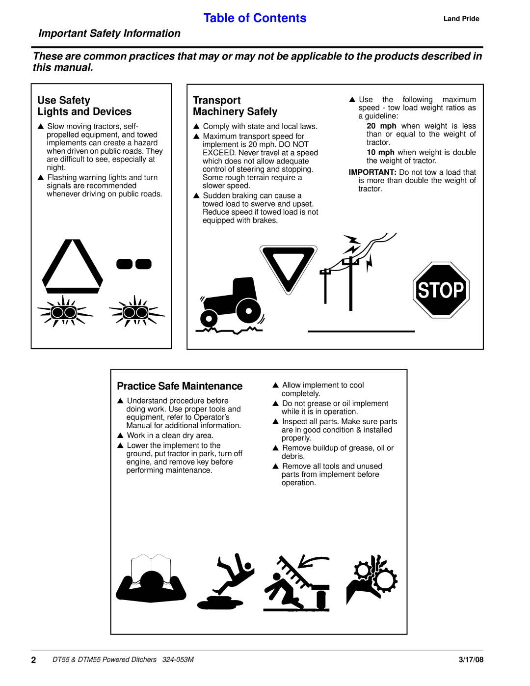 Land Pride DT55, DTM55 manual Use Safety Lights and Devices, Transport Machinery Safely, Practice Safe Maintenance 