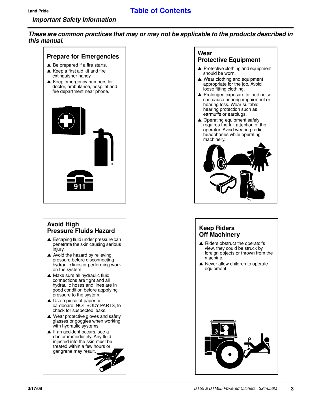 Land Pride Powered Ditchers, DTM55 Prepare for Emergencies, Wear Protective Equipment, Avoid High Pressure Fluids Hazard 