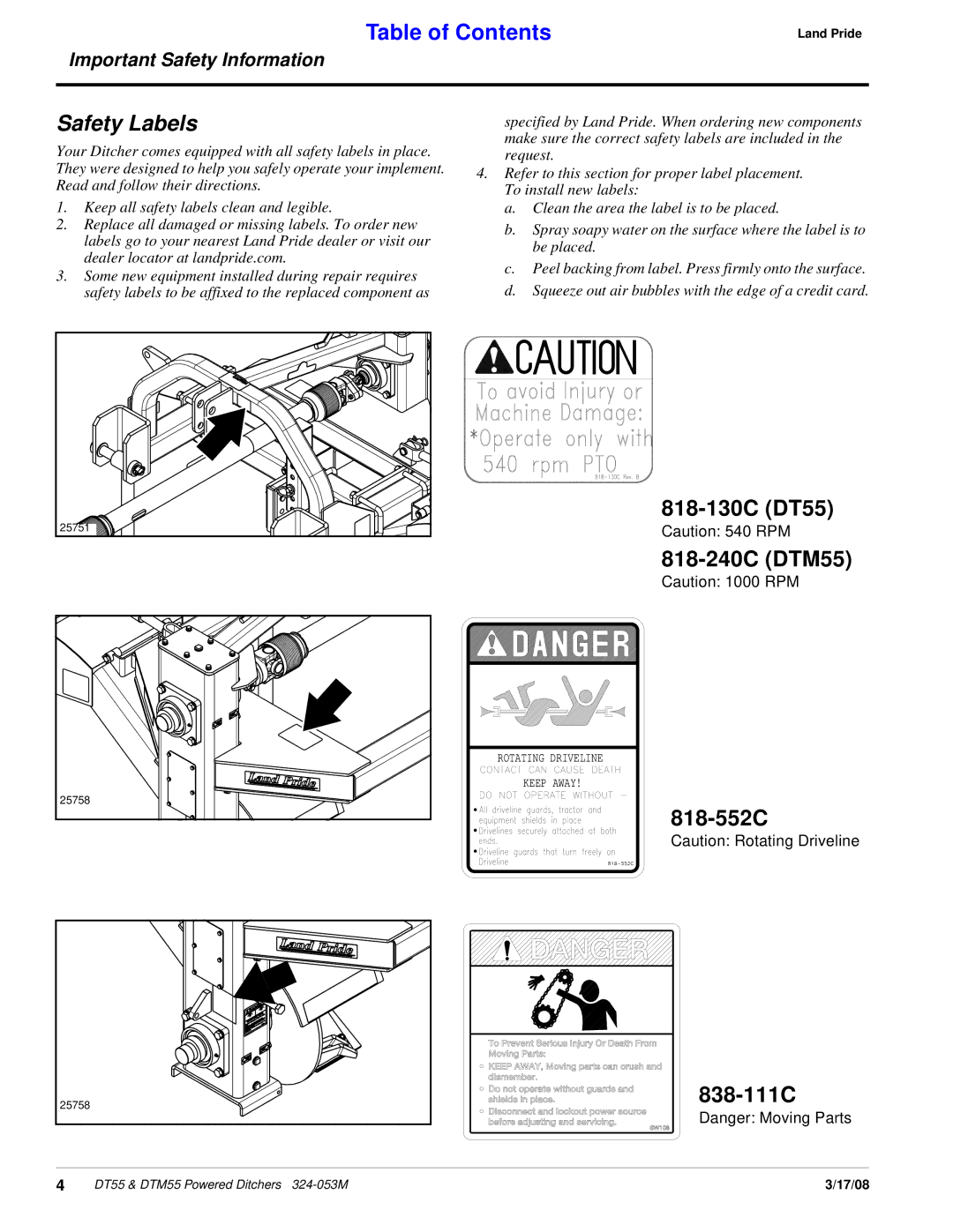 Land Pride DTM55, DT55, Powered Ditchers manual Safety Labels 