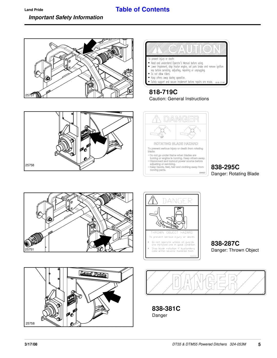 Land Pride DT55, DTM55, Powered Ditchers manual 818-719C, 838-295C 838-287C, 838-381C 