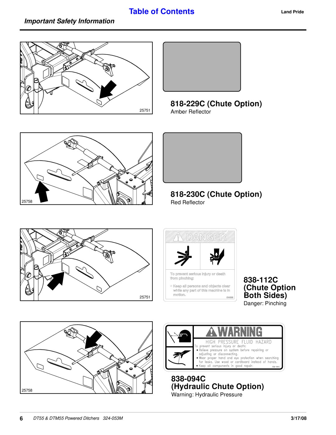 Land Pride Powered Ditchers, DTM55, DT55 manual 818-229C Chute Option, 818-230C Chute Option 