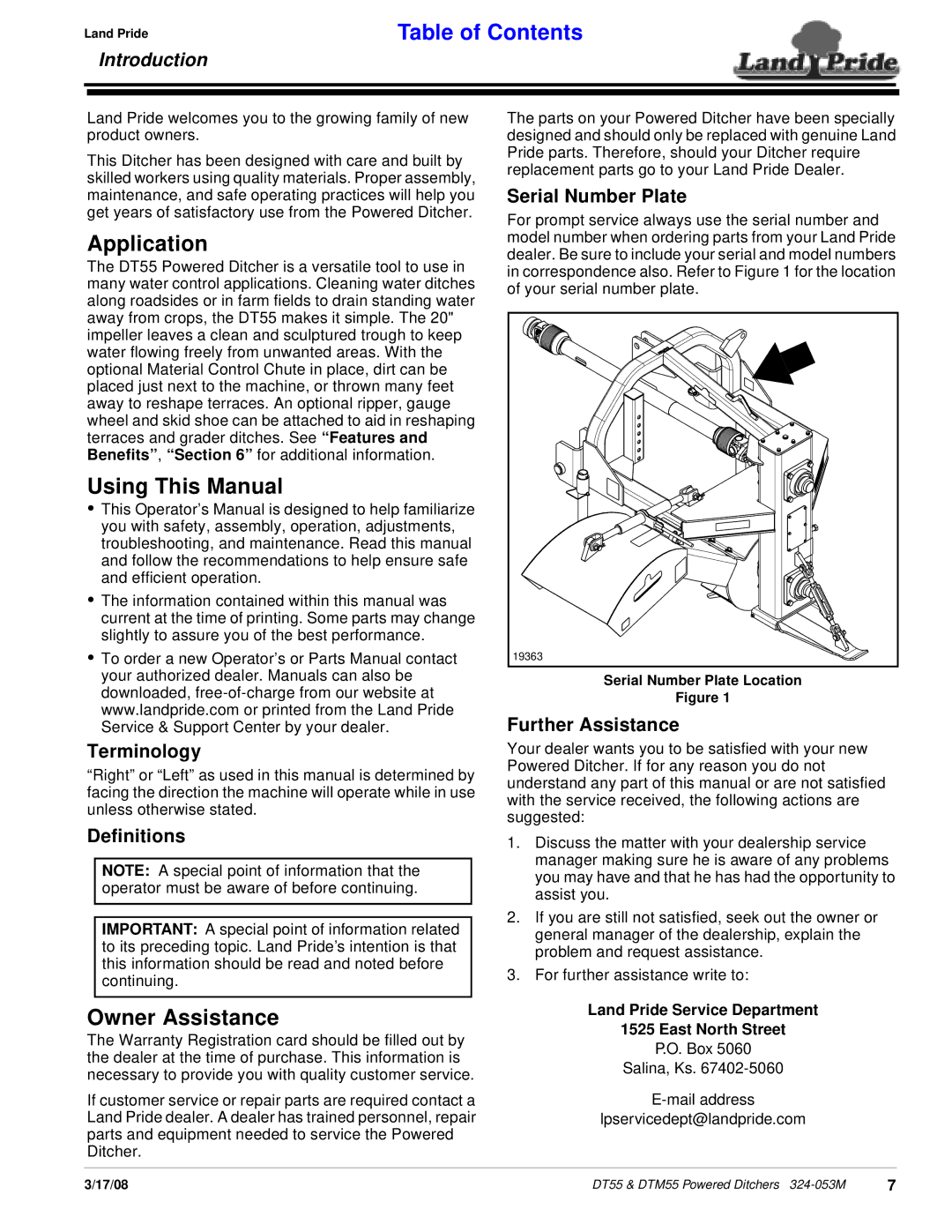 Land Pride DTM55, DT55, Powered Ditchers manual Application, Using This Manual, Owner Assistance, Introduction 