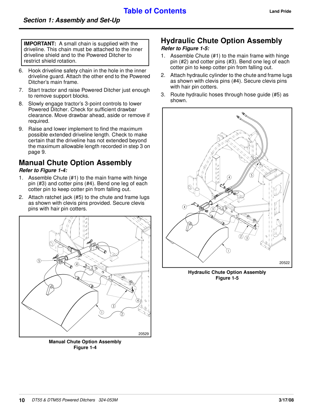 Land Pride DTM55 Manual Chute Option Assembly, Hydraulic Chute Option Assembly, Table of Contents, Assembly and Set-Up 