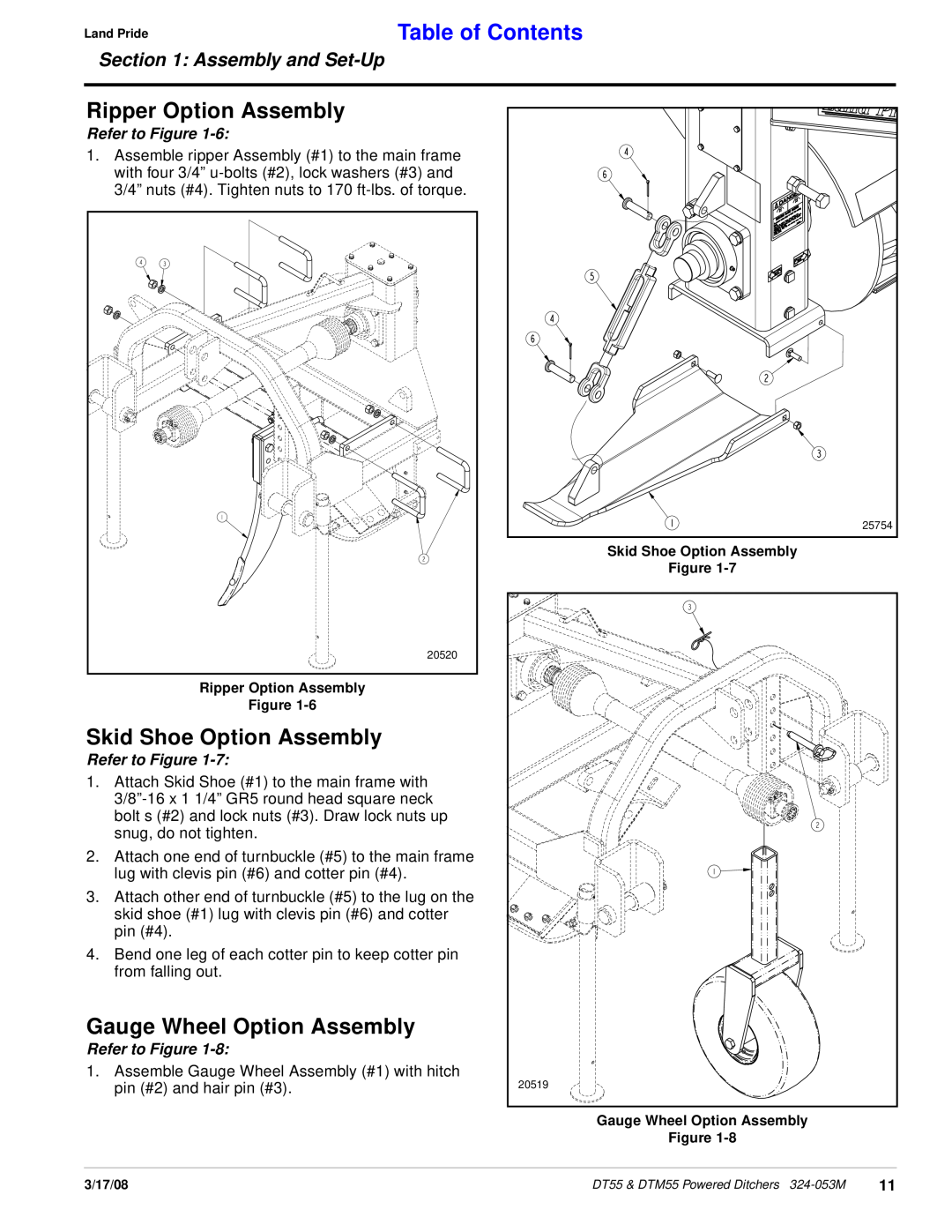 Land Pride DT55, DTM55 Ripper Option Assembly, Skid Shoe Option Assembly, Gauge Wheel Option Assembly, Table of Contents 