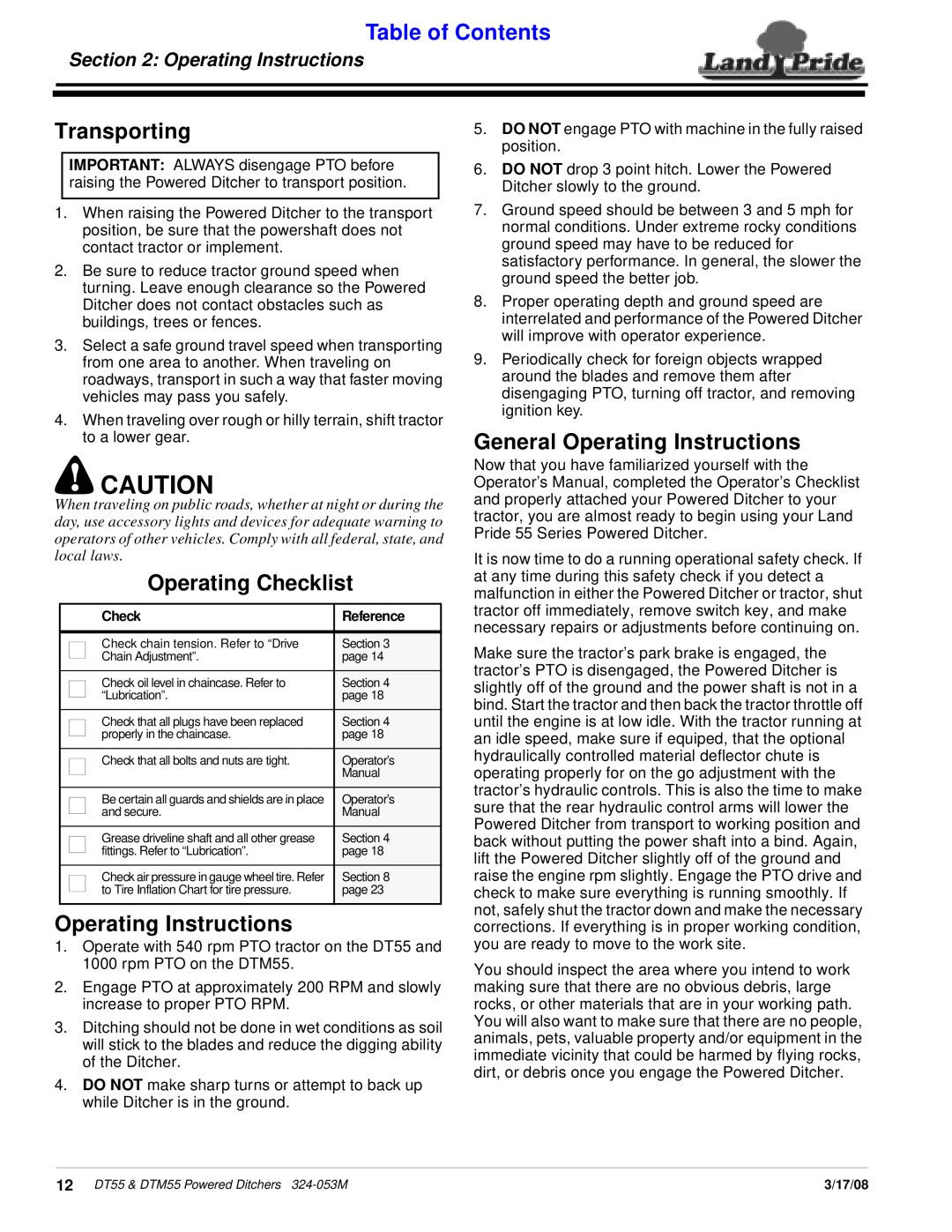 Land Pride Powered Ditchers, DT55 Transporting, Operating Checklist, General Operating Instructions, Table of Contents 