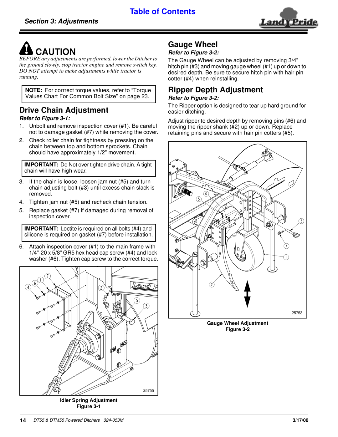 Land Pride DT55, DTM55 manual Drive Chain Adjustment, Gauge Wheel, Ripper Depth Adjustment, Adjustments, Table of Contents 