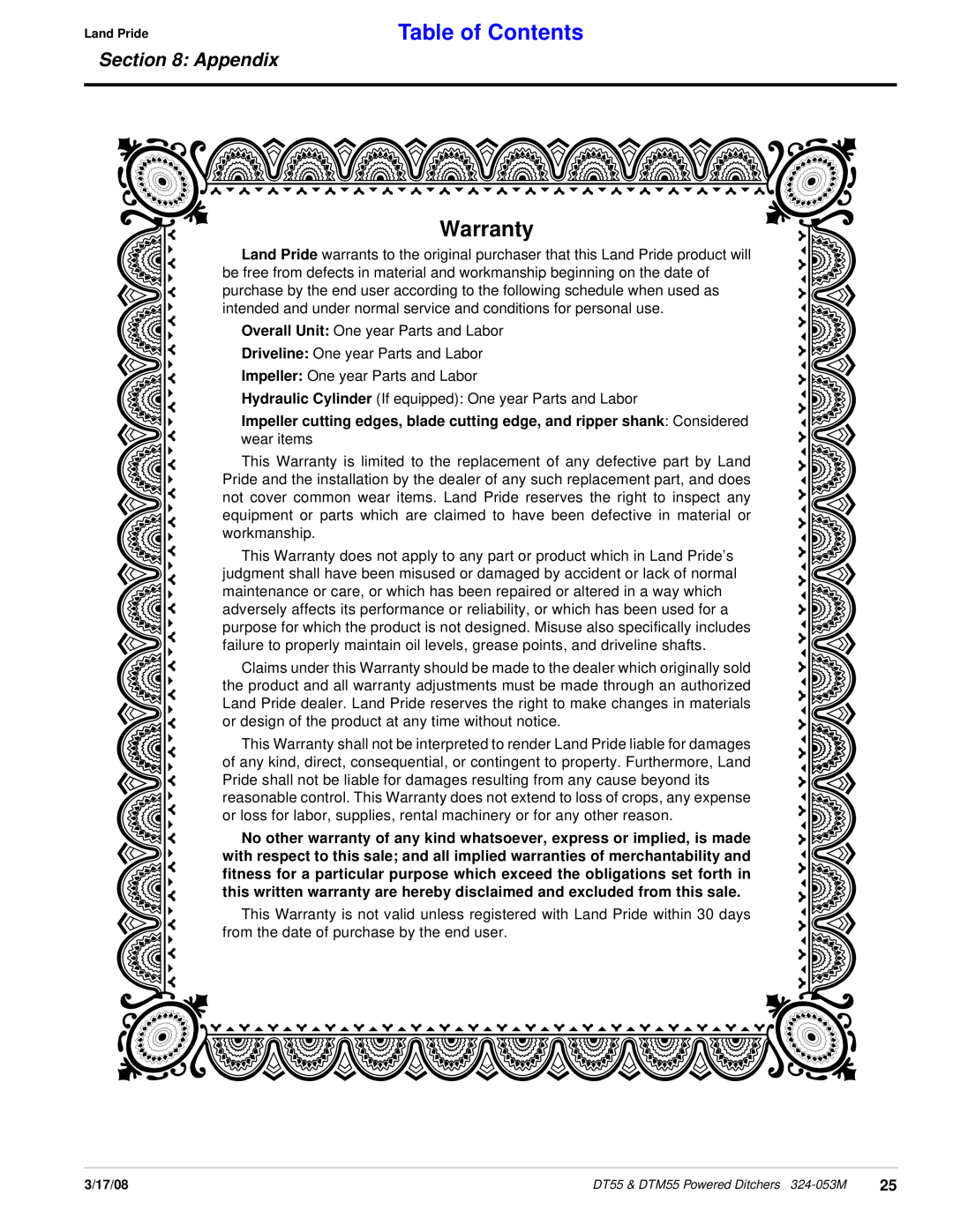 Land Pride DTM55, DT55, Powered Ditchers manual Warranty, Table of Contents, Appendix 