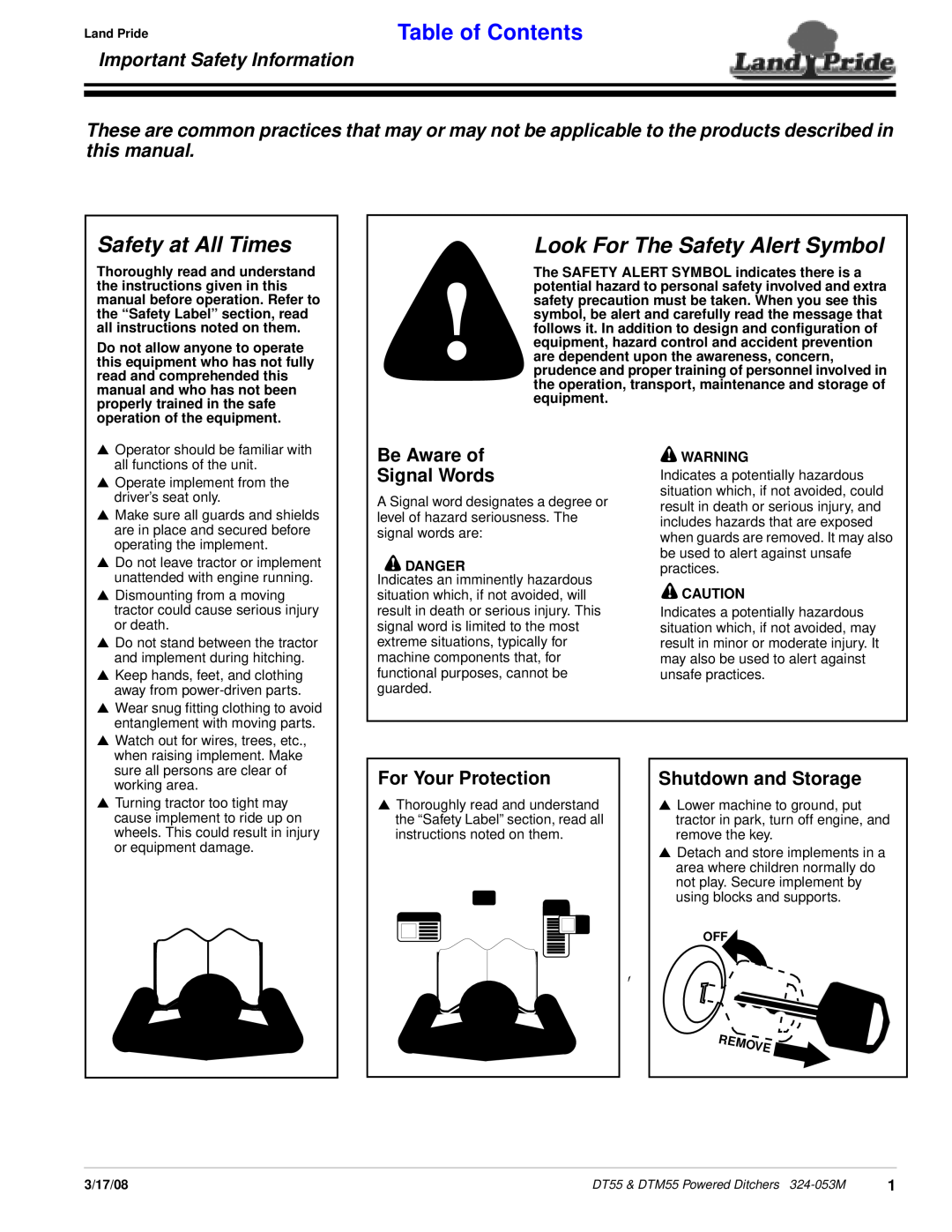 Land Pride DTM55 Safety at All Times, Look For The Safety Alert Symbol, Important Safety Information, Table of Contents 