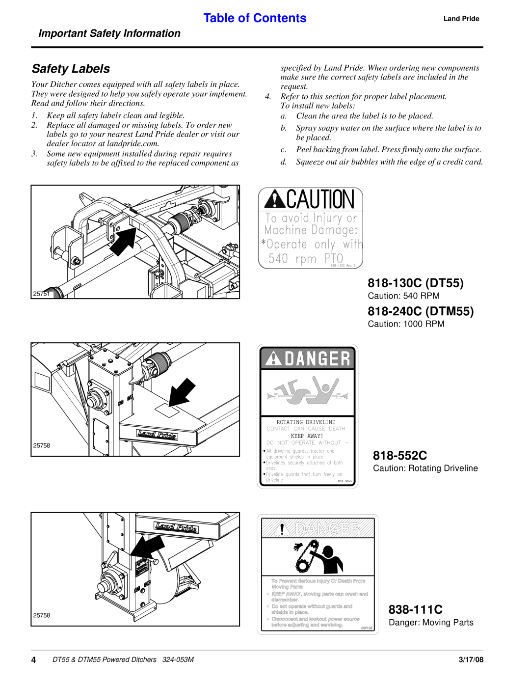 Land Pride DTM55 Safety Labels, 838-111C, Table of Contents, Important Safety Information, Danger: Moving Parts, 324-053M 
