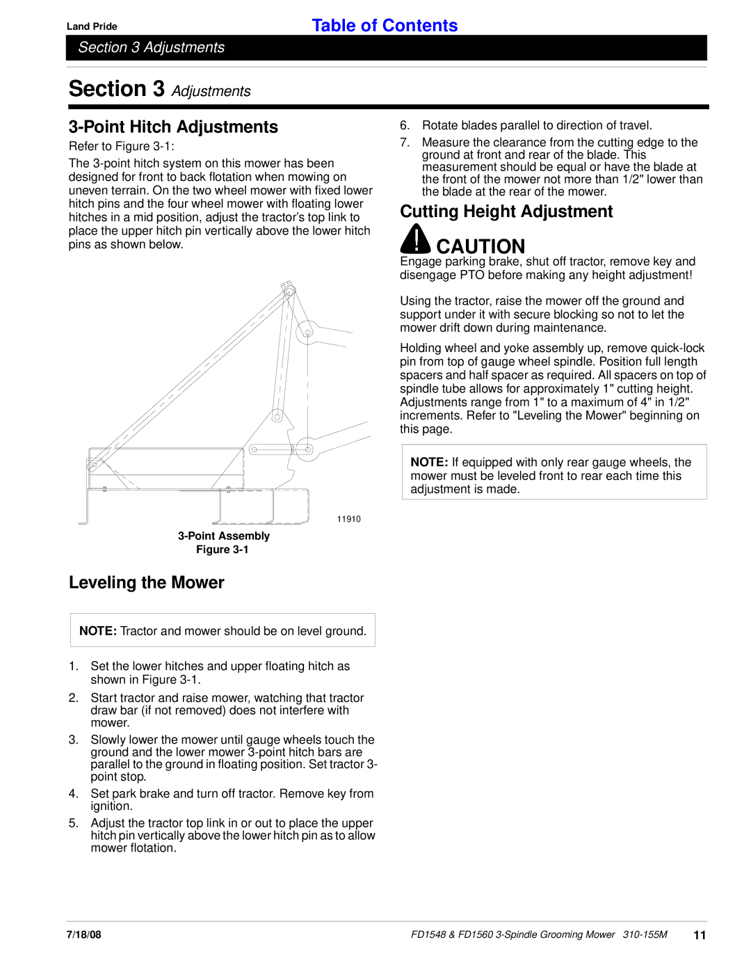 Land Pride fd1548 manual Point Hitch Adjustments, Cutting Height Adjustment, Leveling the Mower 