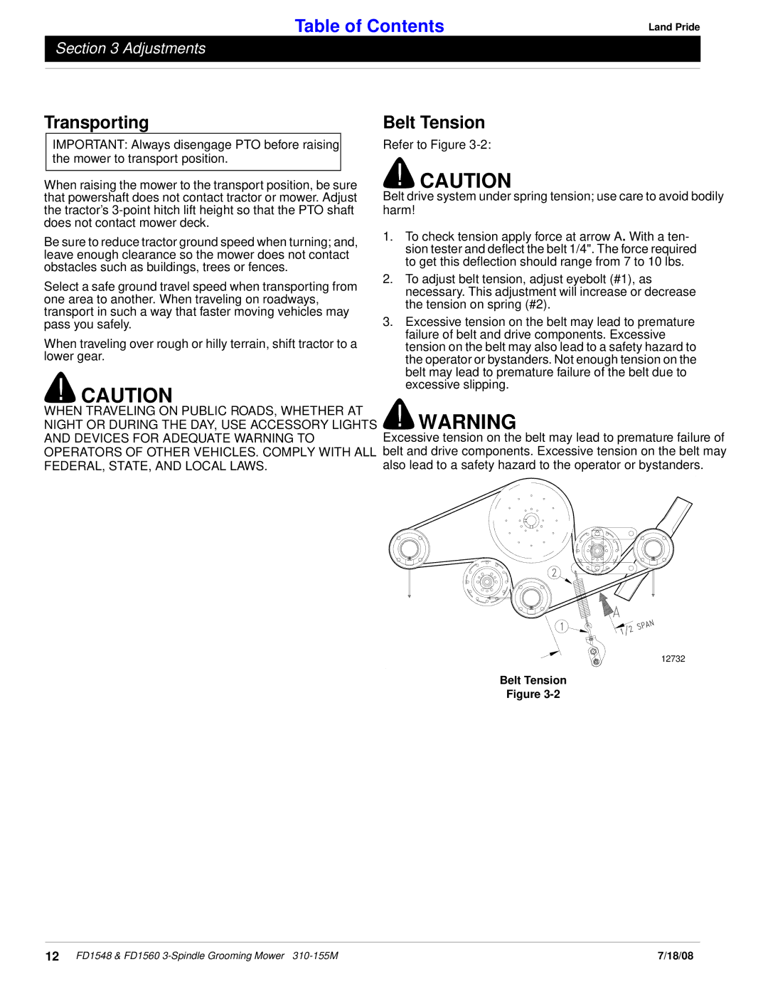 Land Pride fd1548 manual Belt Tension 