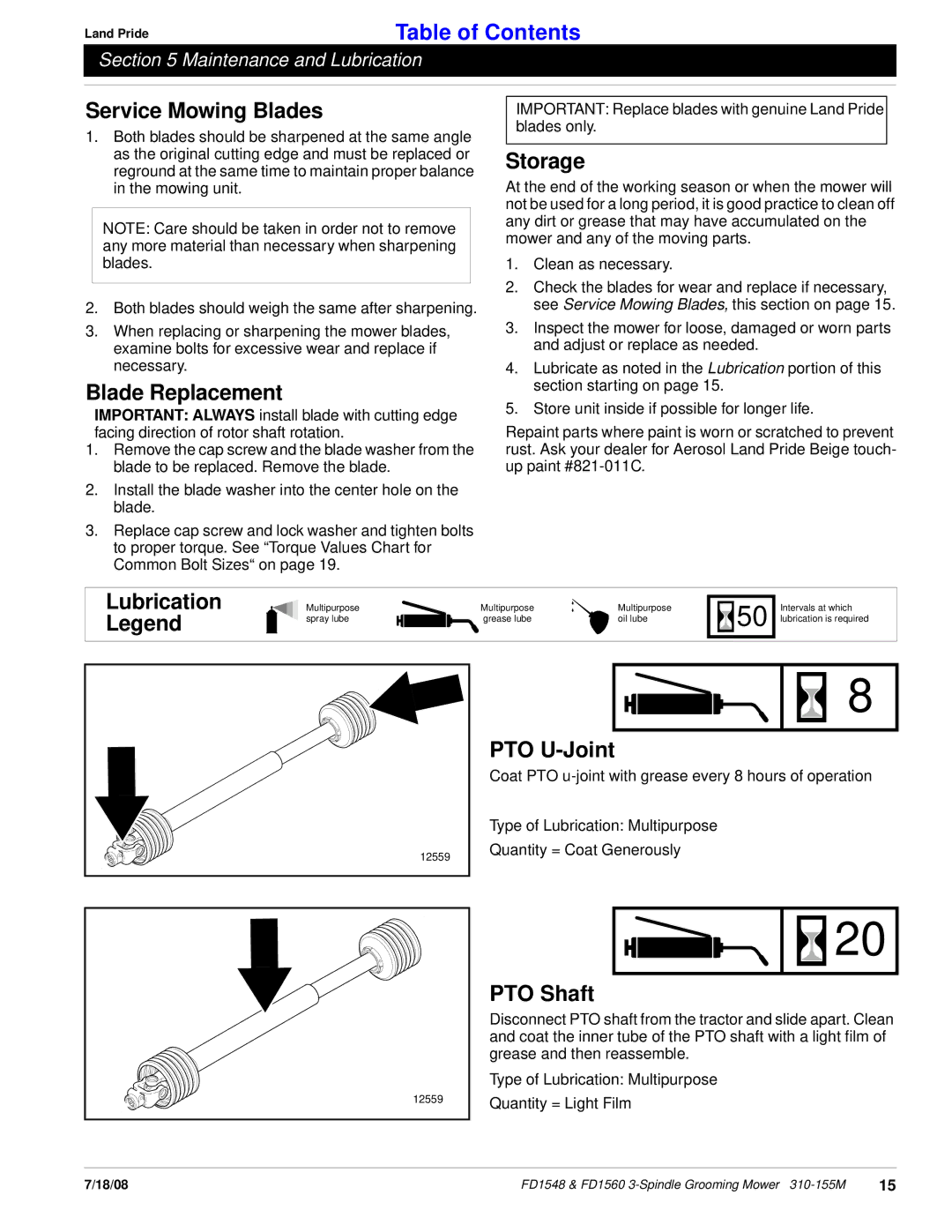 Land Pride fd1548 manual Service Mowing Blades, Blade Replacement, Storage, PTO U-Joint, PTO Shaft 