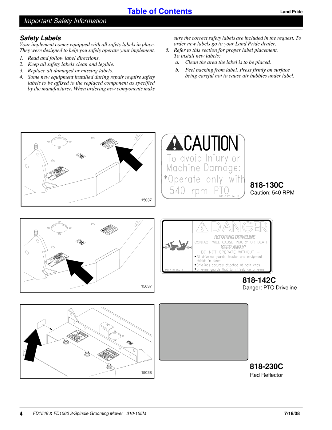 Land Pride fd1548 manual 818-130C, 818-142C 818-230C 