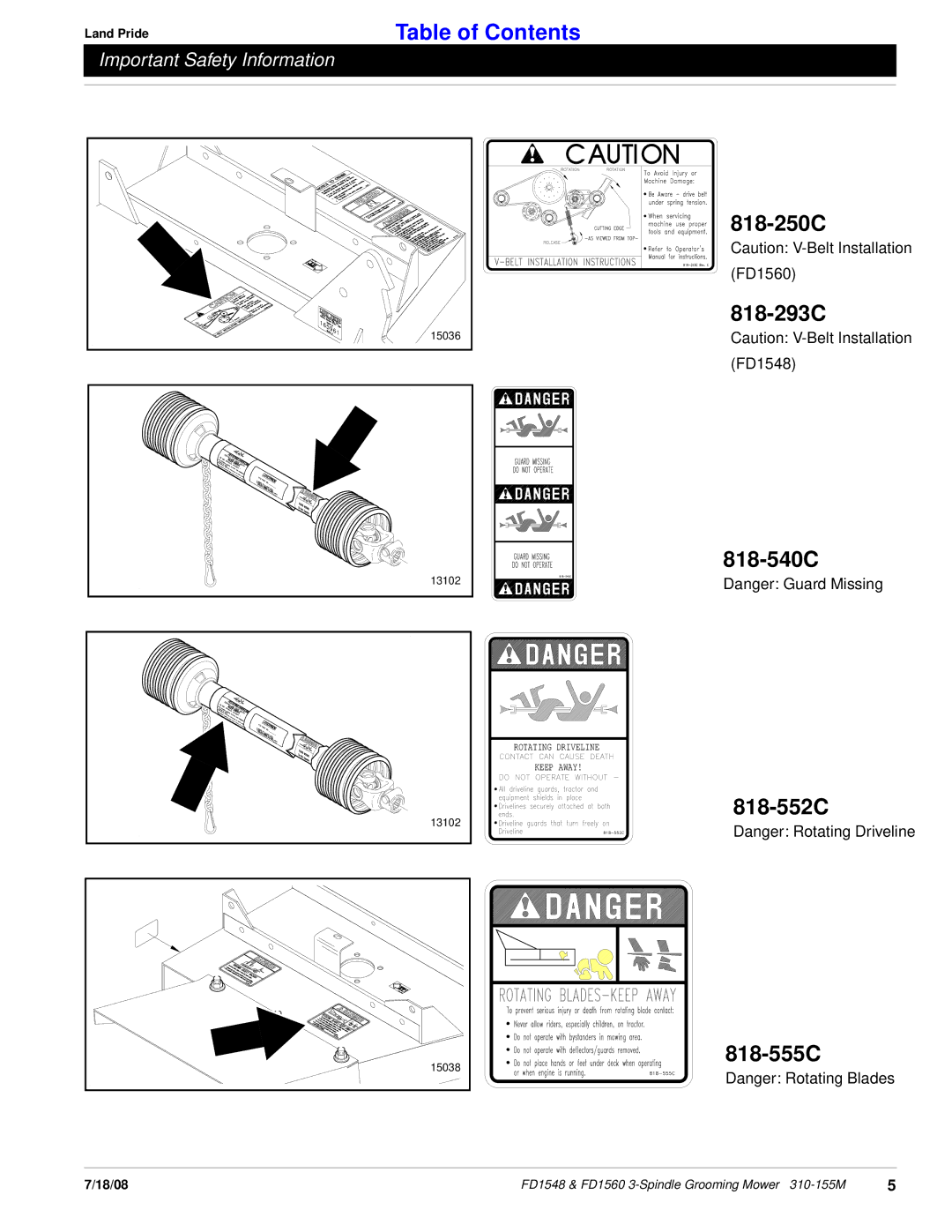 Land Pride fd1548 manual 818-250C, 818-293C, 818-540C, 818-552C 818-555C 