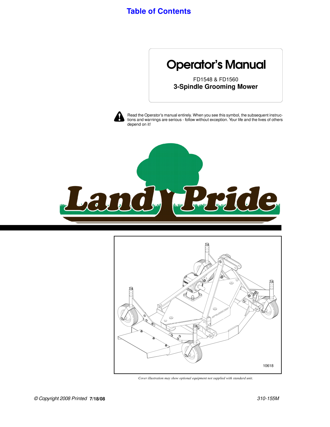 Land Pride fd1548 manual Table of Contents, Spindle Grooming Mower, Operator’s Manual, Copyright 2008 Pr inted 7/18/08 