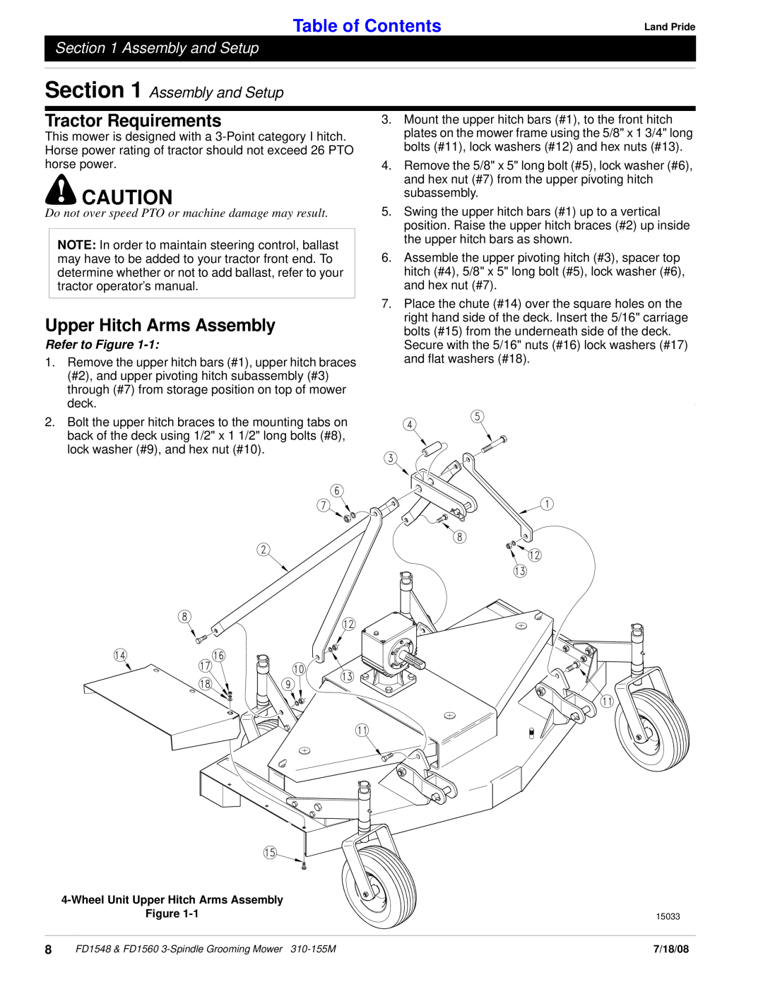 Land Pride fd1548 Tractor Requirements, Upper Hitch Arms Assembly, Assembly and Setup, Refer to Figure, Table of Contents 