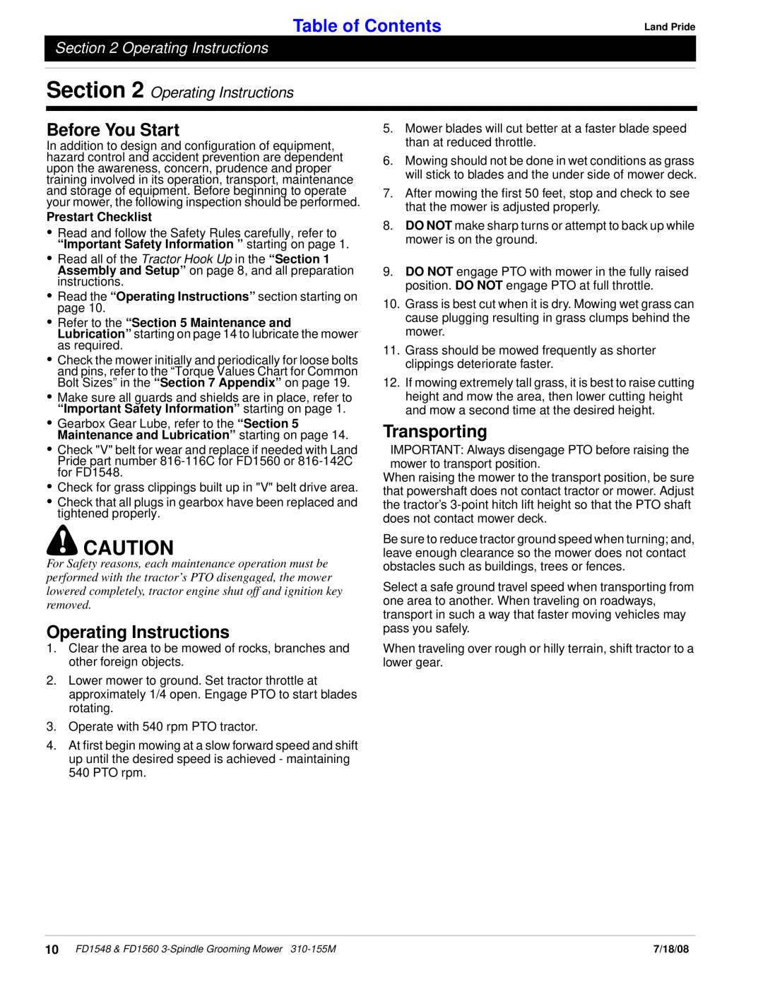 Land Pride fd1548 manual Before You Start, Operating Instructions, Transporting, Prestart Checklist, Table of Contents 