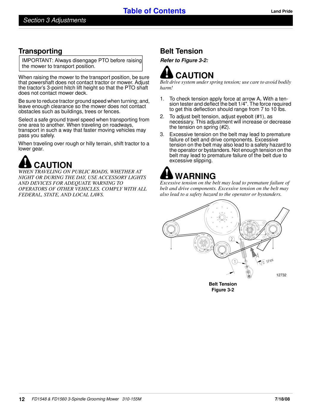 Land Pride fd1548 manual Belt Tension, Table of Contents, Transporting, Adjustments, Refer to Figure 
