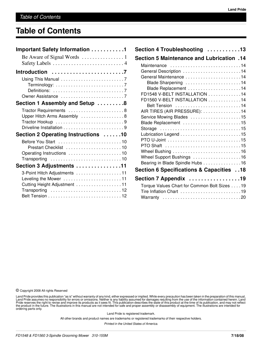 Land Pride fd1548 manual Table of Contents, Important Safety Information, Introduction, Assembly and Setup, Adjustments 