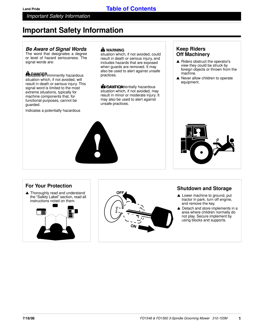 Land Pride fd1548 Important Safety Information, Table of Contents, Be Aware of Signal Words, Keep Riders Off Machinery 